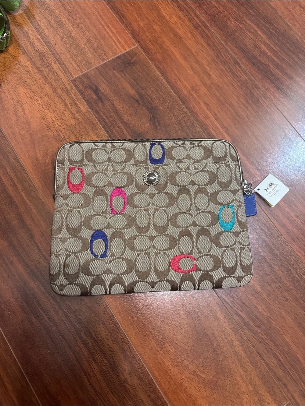 Coach Beige Signature Canvas tablet Pouch with Multicolor 'C' Accents